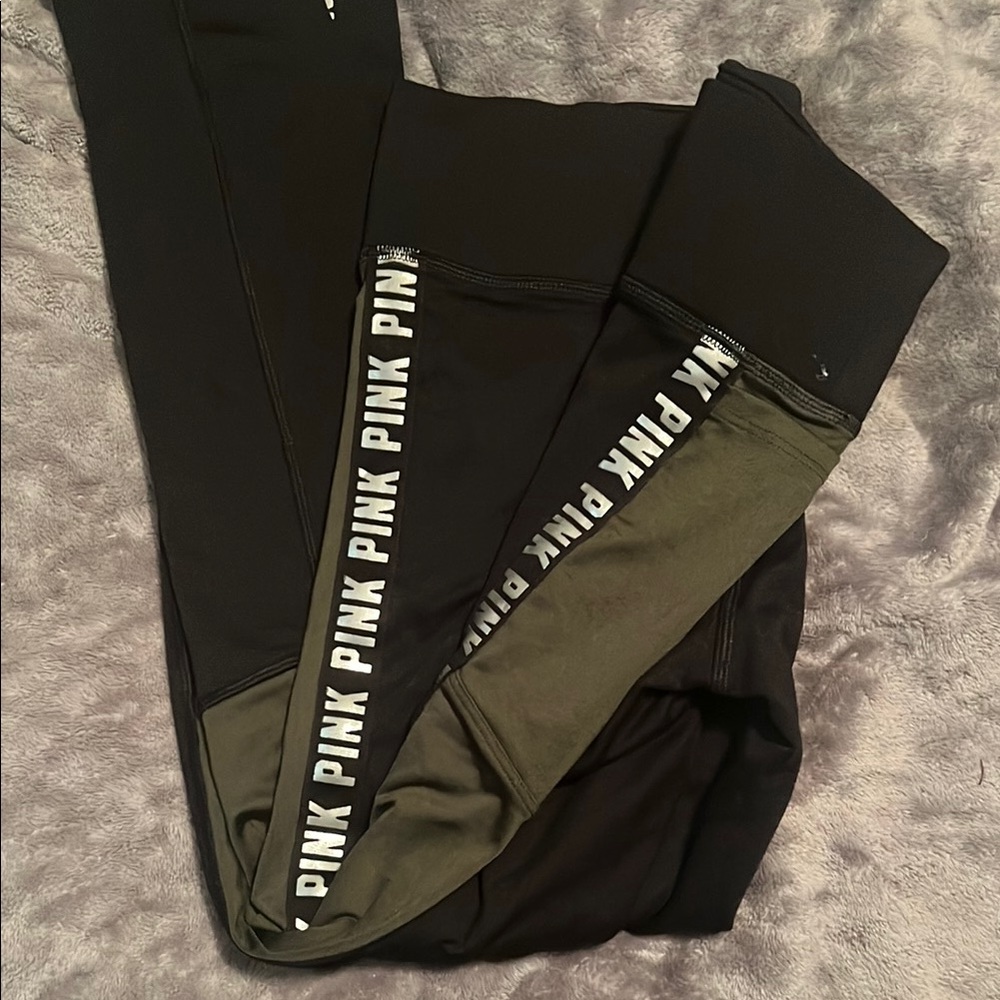Black and Olive Leggings with Pink Logo